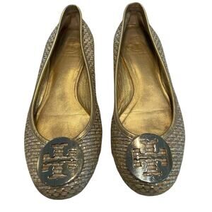 Tory Burch Woven Straw Metallic Blend Logo Emblem Ballet Flats Size 7.5? AS IS